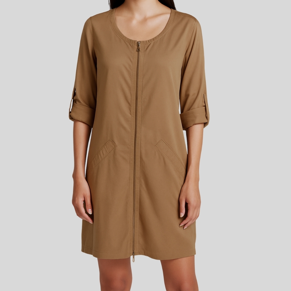 Soft Surroundings Utility Dress Women's Size XS Tan Zip Front Pockets Casual
